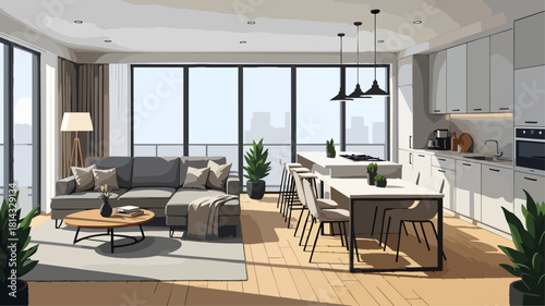 Modern open-plan apartment interior. Bright living room, dining area, and sleek kitchen. Natural light highlights contemporary design and urban views