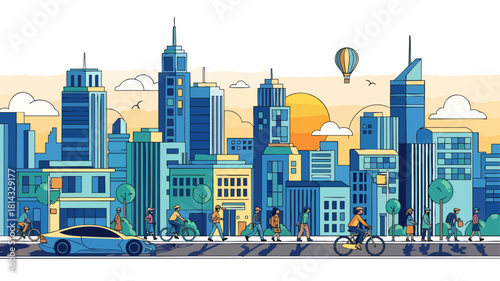 Flat design vector illustration of a lively downtown city with tall buildings, busy streets, and people enjoying the urban environment