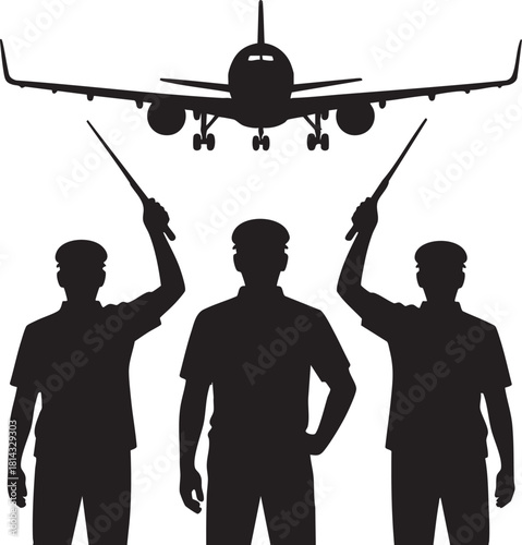 Three air traffic controllers guide a plane using wands in silhouette for direction