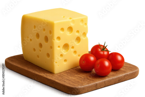 Emmental cheese block with cherry tomatoes on a wooden cutting board, isolated on transparent background