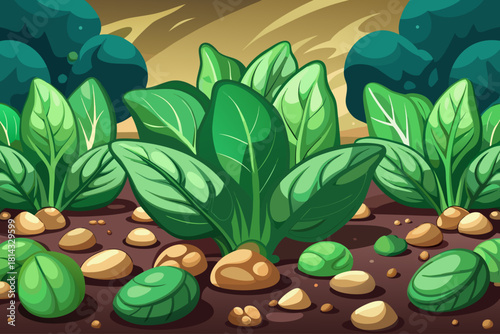 Soft spinach leaves spreading low across dark fertile soil under natural morning light