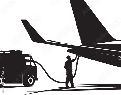 A silhouetted technician refuels the aircraft from a black fuel truck via a long hose