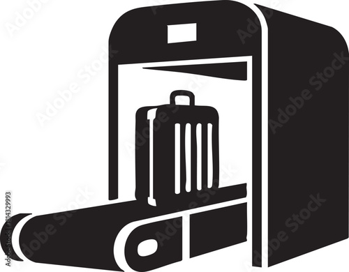 A simple black suitcase on a security scanner belt appears against transparent background