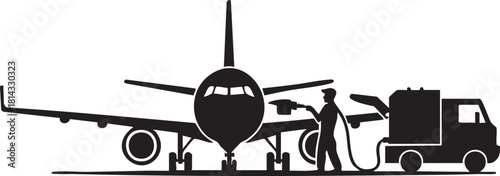 Airport worker fuels plane with a truck, ensuring it's ready for passenger travel, on transparent background
