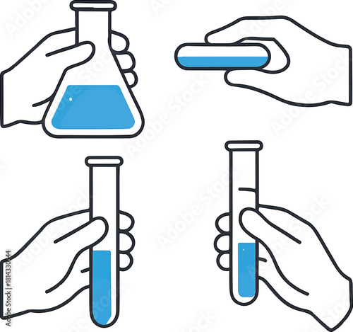 Clean Scientific Icon Set ,Flat Vector of Gloved Hands With Lab Glassware