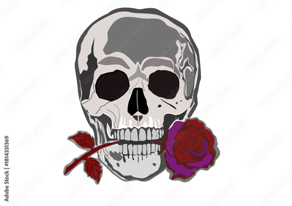 Fototapeta premium Gothic Skull with Red Rose Vector Illustration