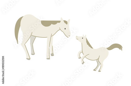向かい合う白馬の親子のイラスト