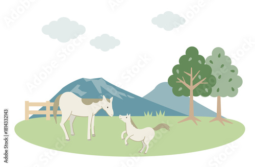 牧草地で向かい合う馬の親子のイラスト