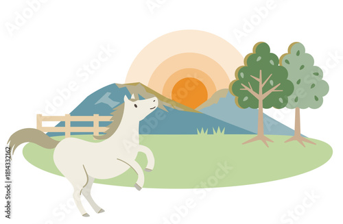 立ち上がって日の出(日没)を見る白馬のイラスト