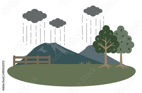 雨の日の牧草地の景色