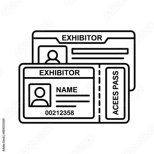 Black and white line art icon of two exhibitor badges or access passes for an event or conference, isolated on