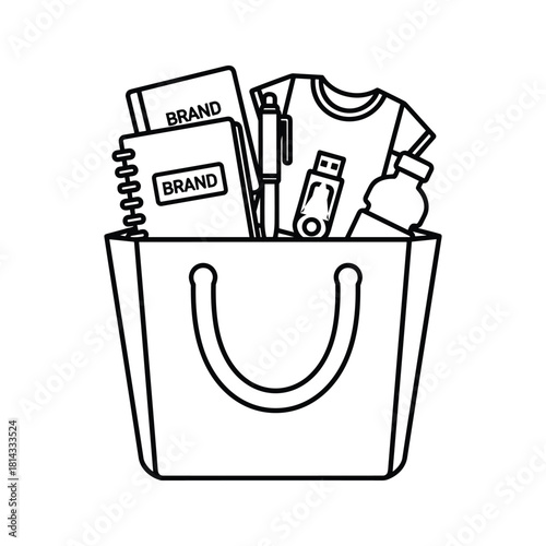 Outline icon of a shopping bag filled with various promotional merchandise and branded corporate gift items isolated on