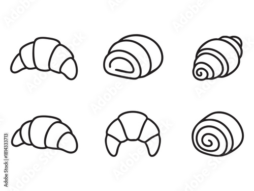Croissant pastry line black icons set
