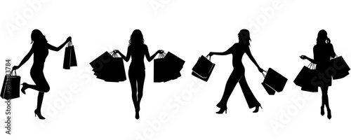 A collection of four black silhouettes of stylish women in different poses carrying shopping bags against a white background.