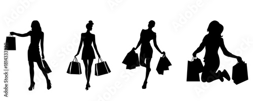 A set of four black silhouettes depicting stylish women in different poses carrying shopping bags.
