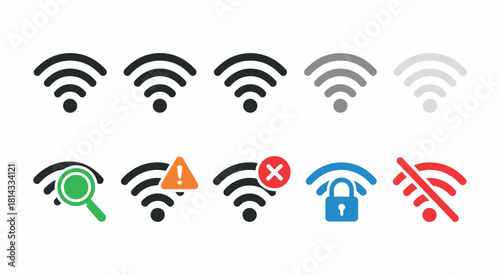Wi-Fi Symbol and Indicator Vector Set. Full, Weak, Error, Security, and No Connection Status Icons