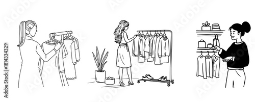 A set of three black and white line art illustrations depicting women choosing and organizing clothes from racks and shelves.