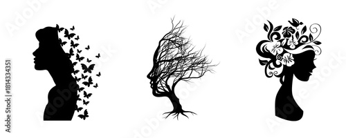 A set of three artistic black silhouettes of a woman's profile combined with natural elements: butterflies, a tree, and flowers.