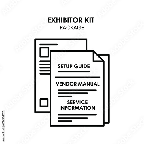 Black and white icon illustration of an exhibitor kit package containing setup guide, vendor manual, and service information documents