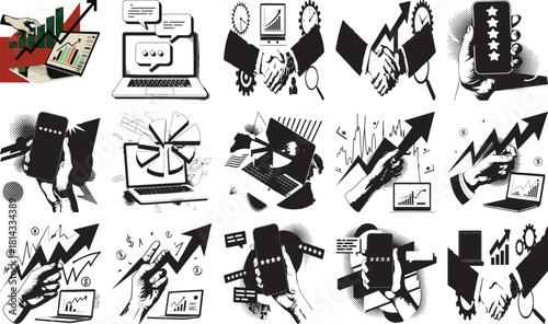 Collection of monochrome business and technology pictograms representing data finance and digital operations