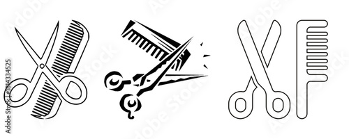 A set of three graphic illustrations featuring hairdressing tools, scissors and combs, isolated on a white background.