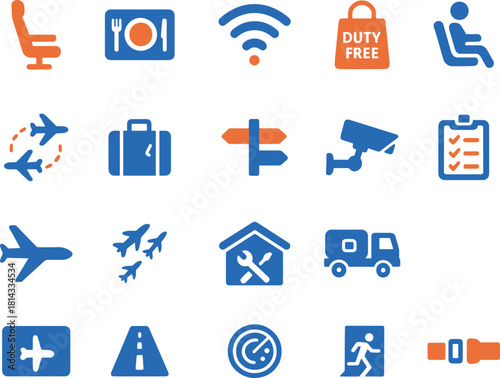 Collection of flat design airport and travel related icons in blue and orange depicting various services amenities