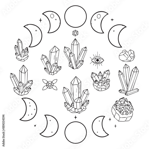 Mystic Gothic Line Art Clipart – Black & White Witchy Illustration Set