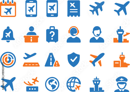 Comprehensive collection of airport and aviation icons in blue and orange representing various travel operations