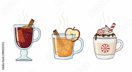 Three festive holiday drinks, mulled wine, apple cider and peppermint mocha, in decorative mugs with steam