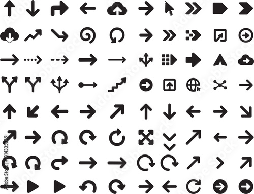 Set of 100 arrow icons in various styles isolated on white background symbol collection for modern interface design