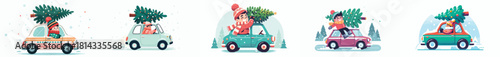 man driving a car carrying a Christmas tree