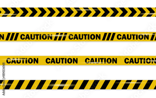 Yellow caution tape set with bold black lettering isolated on transparent background