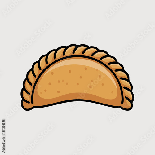 Cartoon illustration of a golden-brown empanada or dumpling with a crimped edge on a light background.
