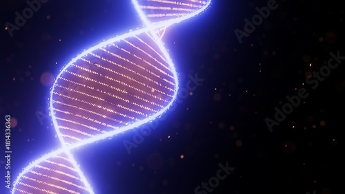 Abstract Digital DNA Double Helix spiral with data flow background. Medical science concept of biotechnological AI or quantum computing. Futuristic technology genetic research.