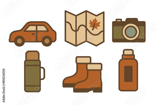 Autumn road trip essentials set including car map camera hiking boots and thermos flask