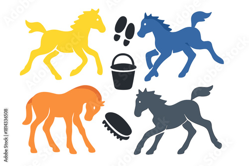 Vibrant collection of running foals and essential horse care equipment elements