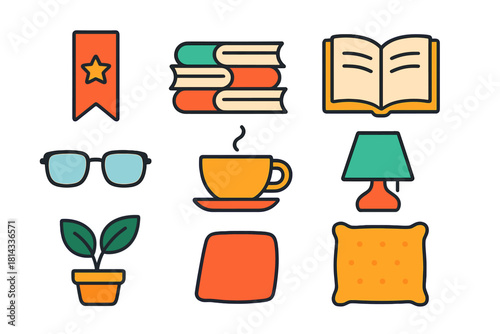Cozy reading and studying items: books, coffee, eyeglasses, lamp, and houseplant