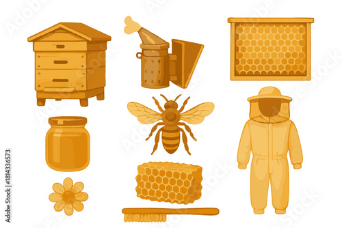 Beekeeping equipment collection including beehive, honey jar, bee, smoker, and protective suit
