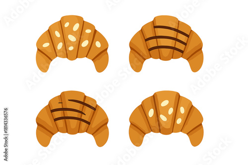 Set of four delicious golden brown French croissants with various toppings