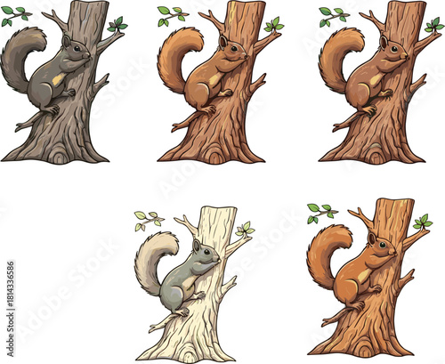 Cute cartoon squirrels climbing tree trunks with different color variations, woodland wildlife illustration set for nature themes, children’s design elements