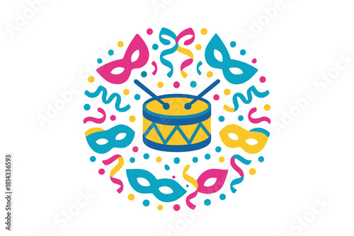Vibrant carnival celebration border with drum, masquerade masks, and falling confetti