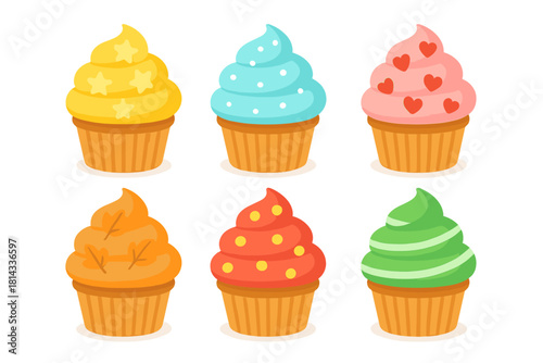 Six brightly colored dessert muffins topped with whipped cream and sprinkles