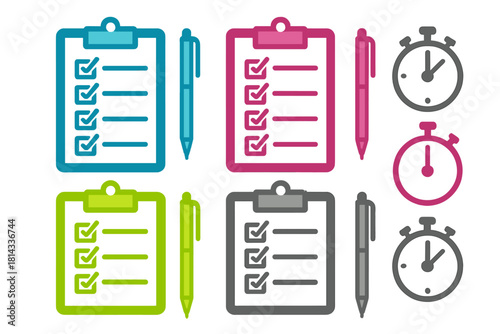 Colorful clipboard checklist icons, pens, and stopwatches for task management and time tracking