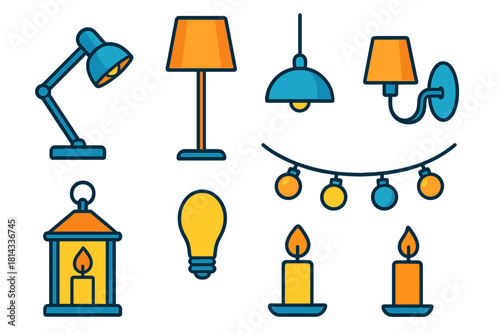 Household and decorative lighting fixtures set including lamps, candles, and string lights
