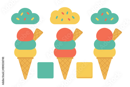 Three colorful triple scoop ice cream cones with waffle pieces and sprinkle clouds