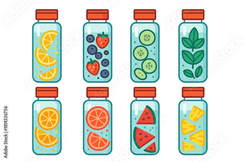 Collection of eight detox water bottles infused with fresh fruits vegetables and herbs