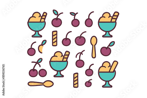 Colorful seamless pattern with stylized ice cream sundaes, fresh cherries, wafer sticks, and spoons on a white background