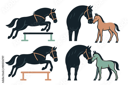 Stylized horses collection featuring equestrian jumping and affectionate mare and foal pairs