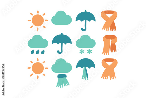 Set of weather icons and seasonal accessories including scarves and umbrellas