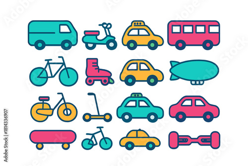 Colorful flat design set of urban transportation vehicles and personal mobility items